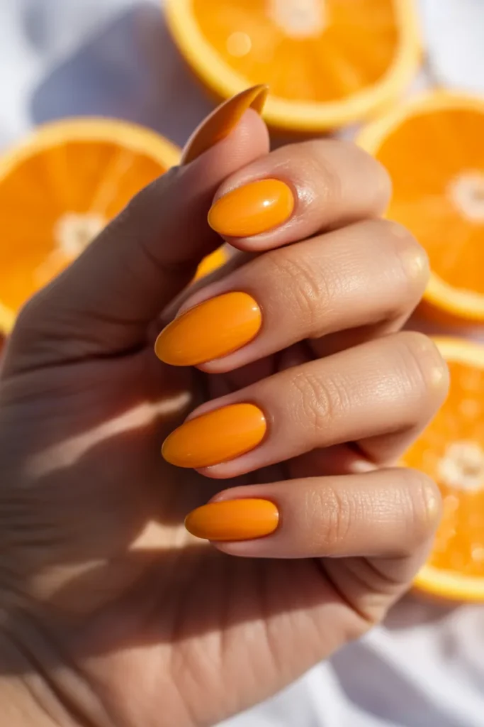 01 Vivid Citrus Orange Gel Nails — Almond