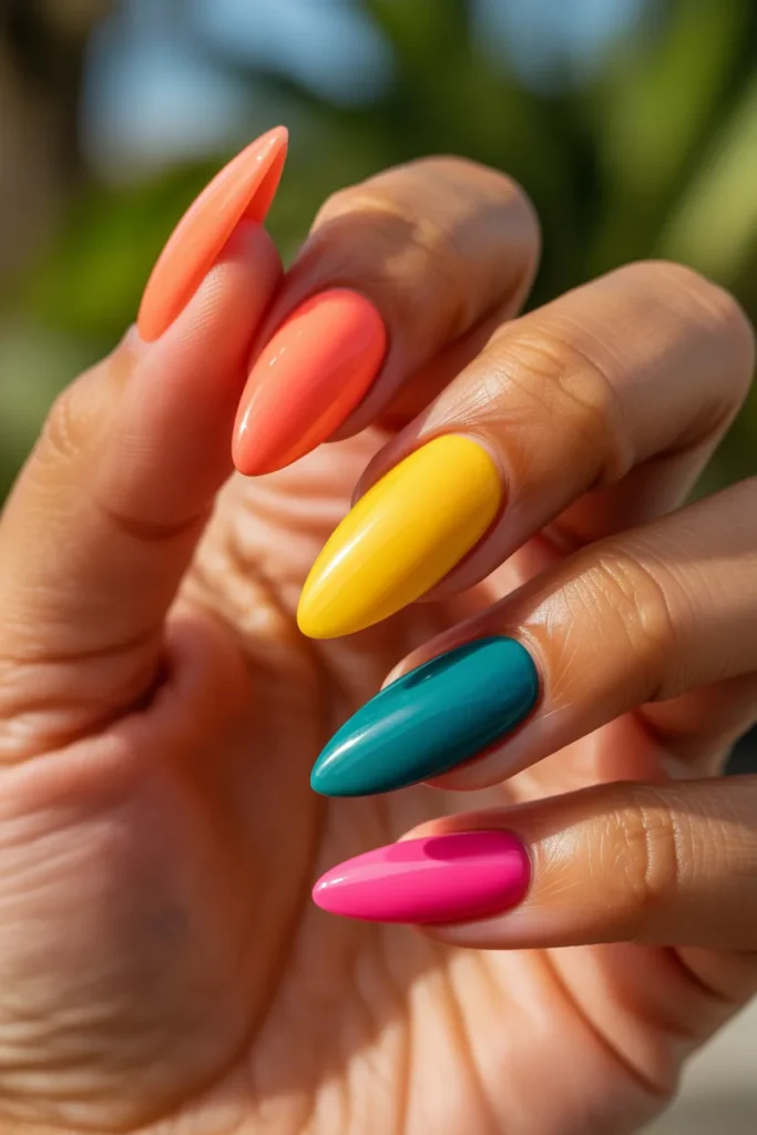 02 Bright Summer Acrylic Nails — Multi Colour Almond · Intermediate