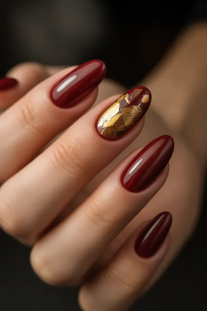 02 Wine Red and Antique Gold Foil Nails