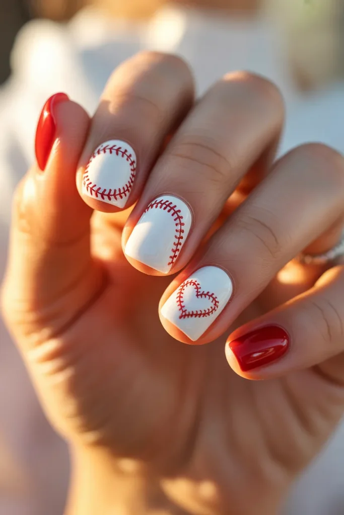 Baseball Nails 4 03 Baseball Mom Nails — Red and White with Heart