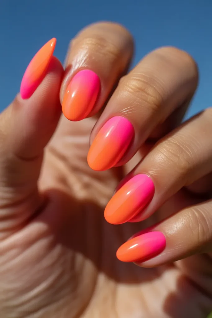 03 Bright Summer Ombre Nails — Neon Pink to Orange