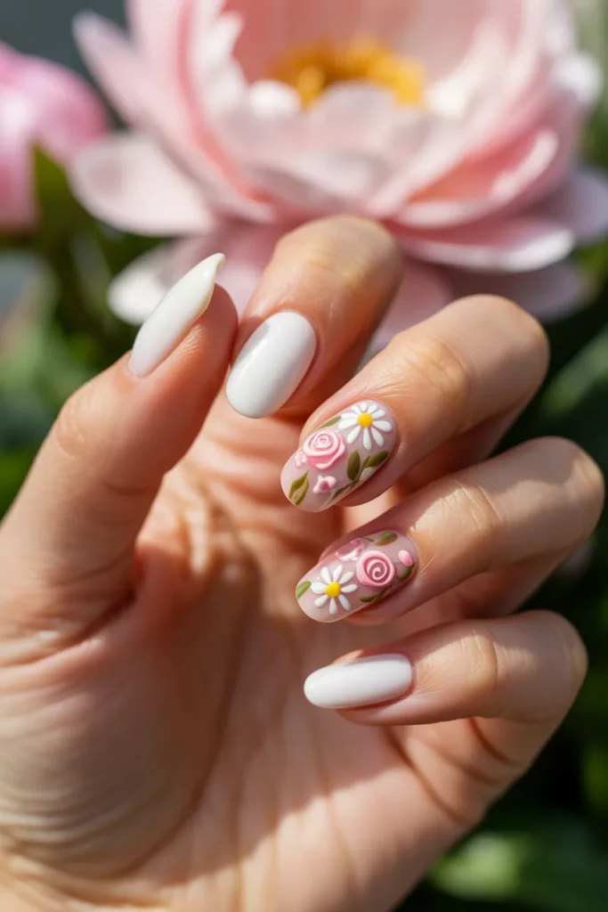 03 Floral Nail Art on White — Almond