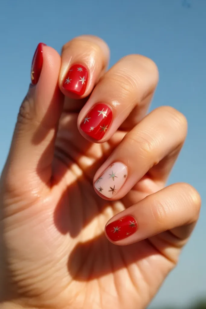 03 Simple 4th of July Nails — Red with Gold Stars · Beginner