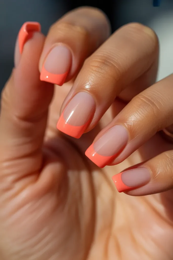 03 Summer Acrylic Nails Square — Coral French Tip · Intermediate