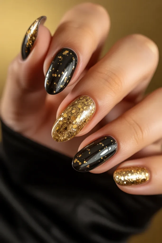 04 Black and Gold Glitter Nails