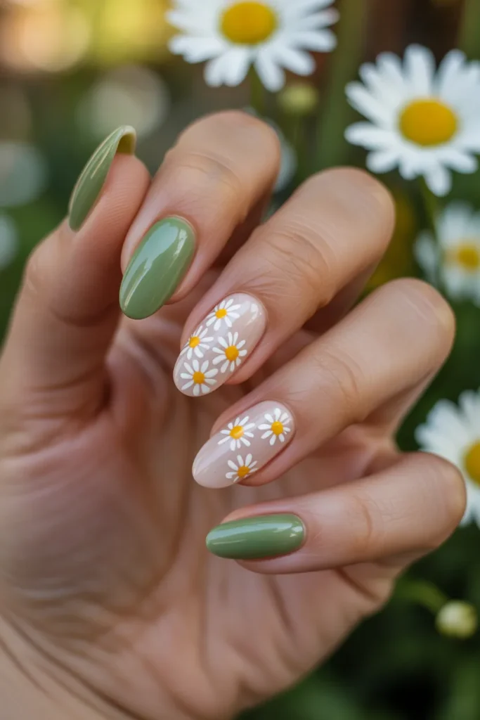 04 Daisy Floral Short Almond Nails