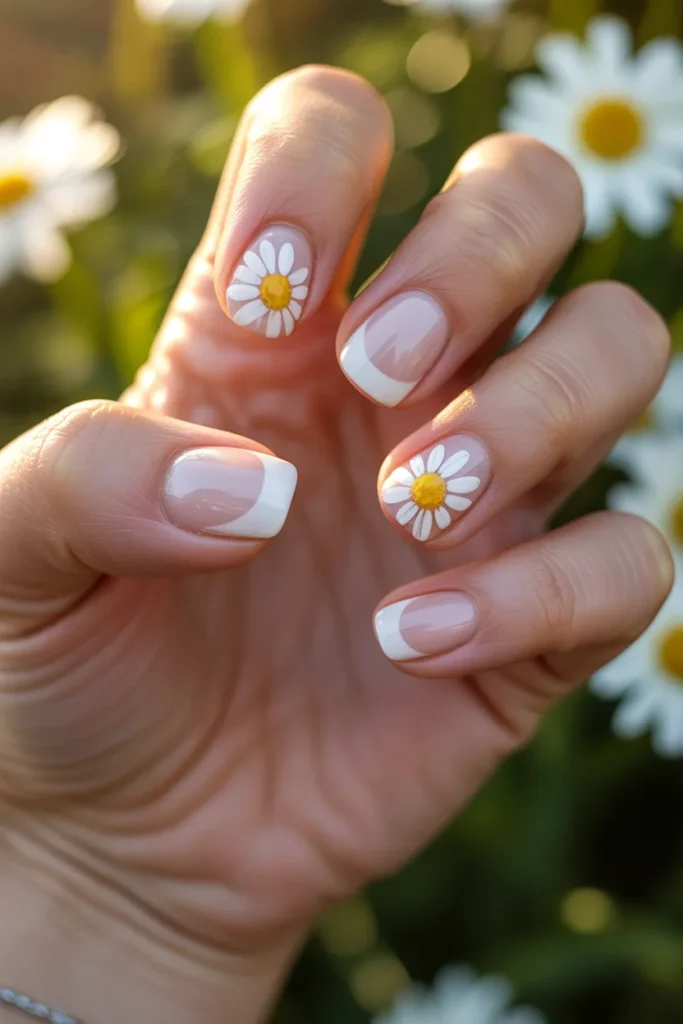 04 Daisy Flower Short Square Nails — White Base
