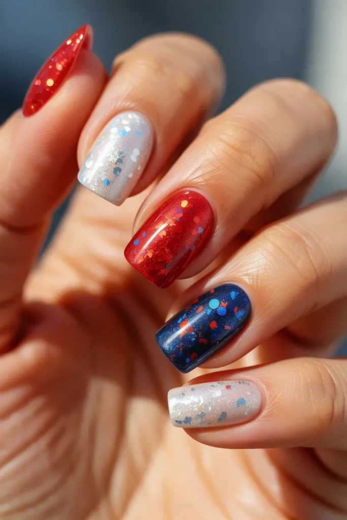 05 Red White Blue Glitter 4th of July Nails · Beginner