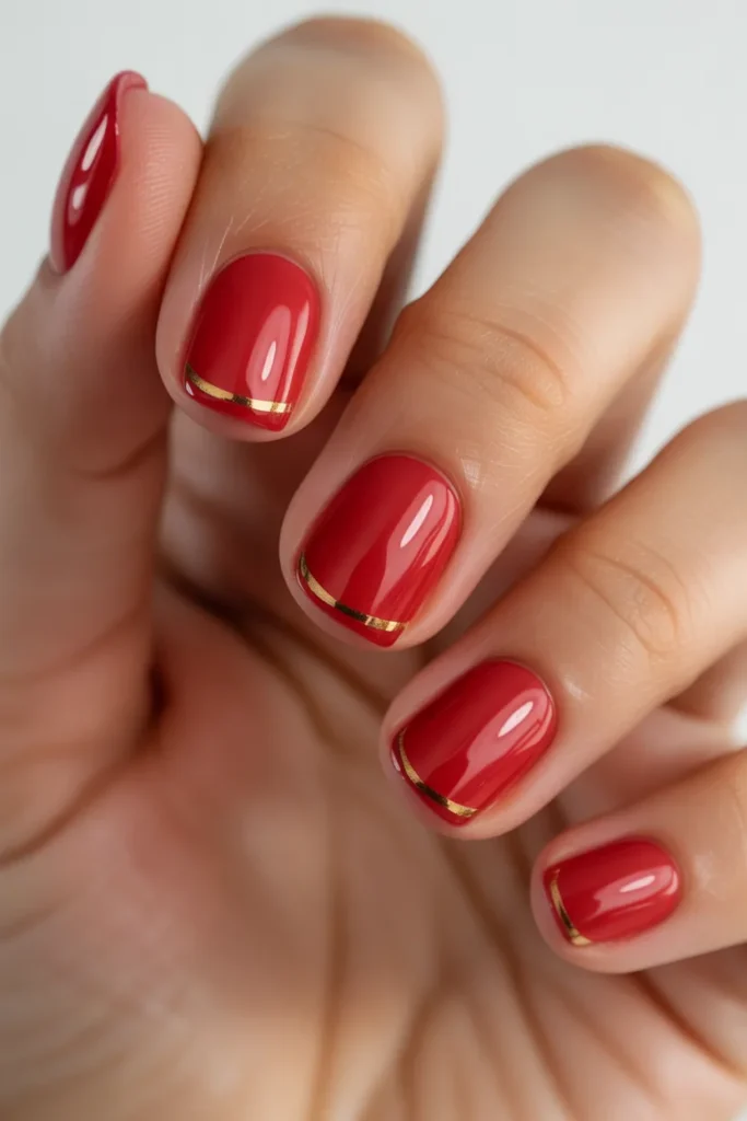 05 Red and Gold Nails Short — Simple Elegance ·