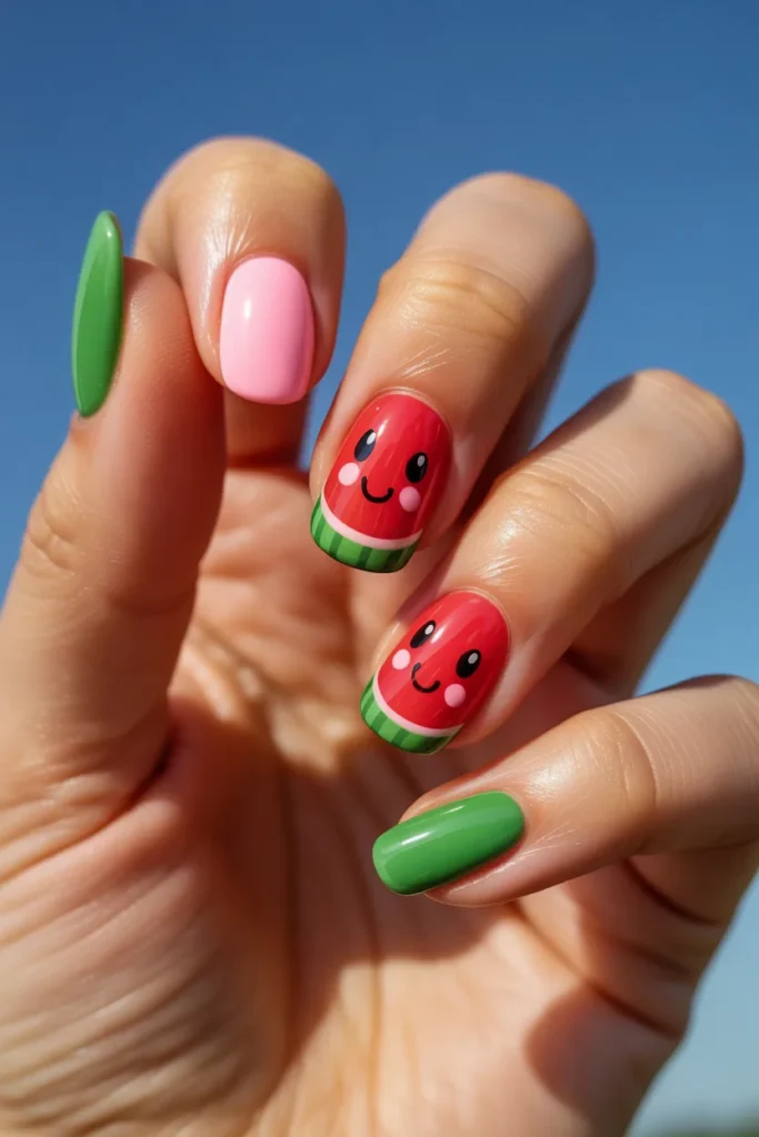 06 Cute Watermelon Nails — Kawaii Style · Intermediate