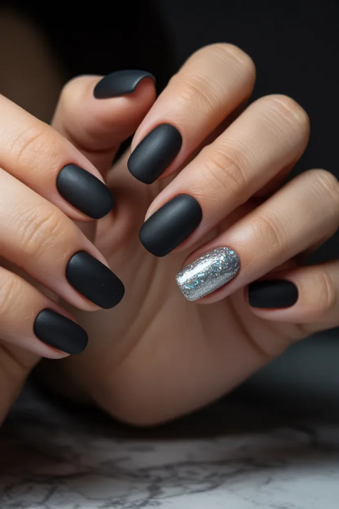 06 Matte Black with Glitter Accent Nail