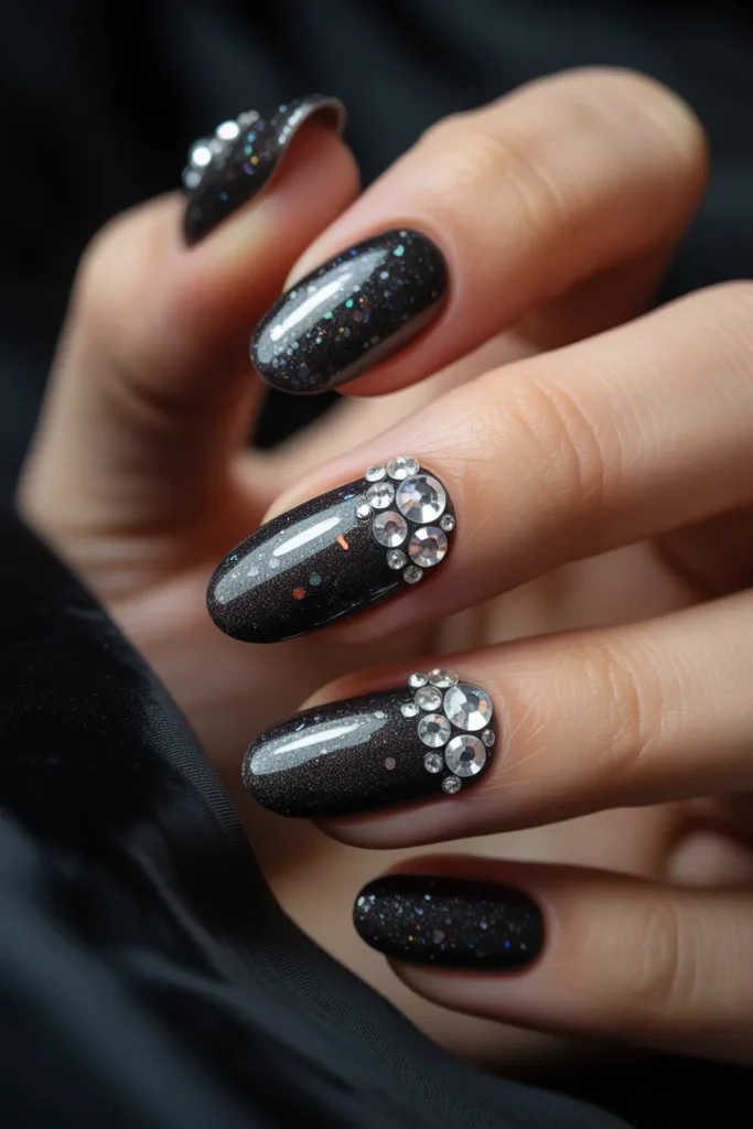 07 Black Glitter Nails with Rhinestones