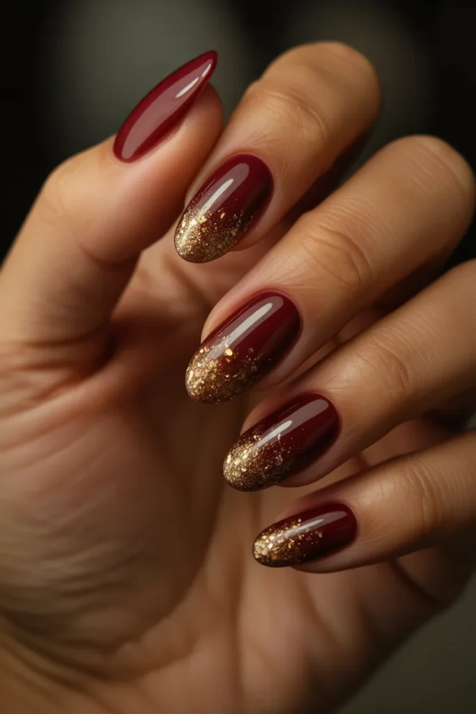 07 Dark Red Nails with Gold Glitter — Wine and Champagne ·
