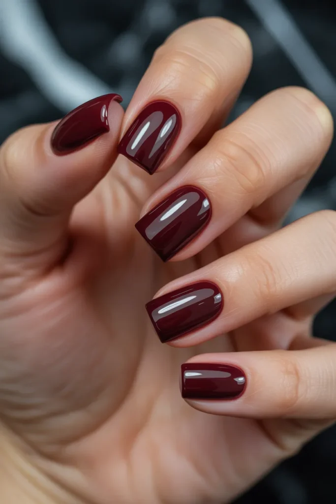 07 Deep Burgundy Nails Square — Architectural Confidence · Beginner