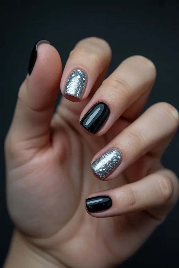 08 Black and Silver Glitter Nails