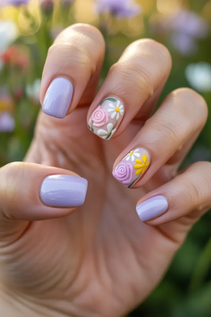 08 Short Square Nails with Floral Art — Pastel ·