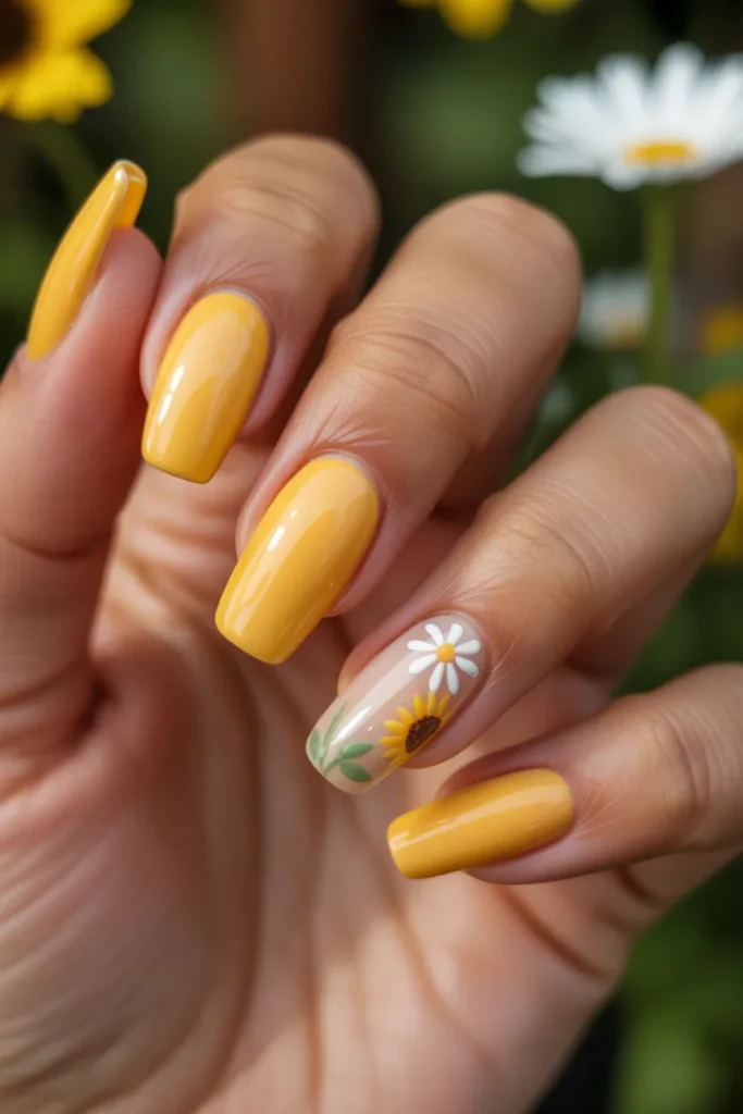 09 Acrylic Nail Designs for Summer — Yellow Floral · Intermediate