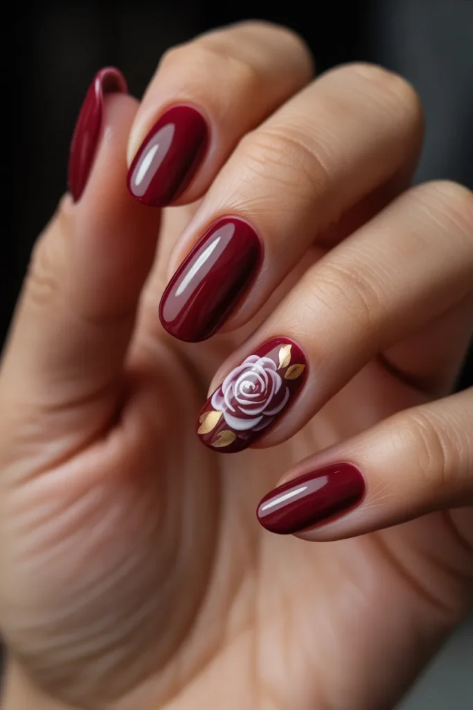 09 Deep Burgundy Nails Design — Floral Art · Advanced