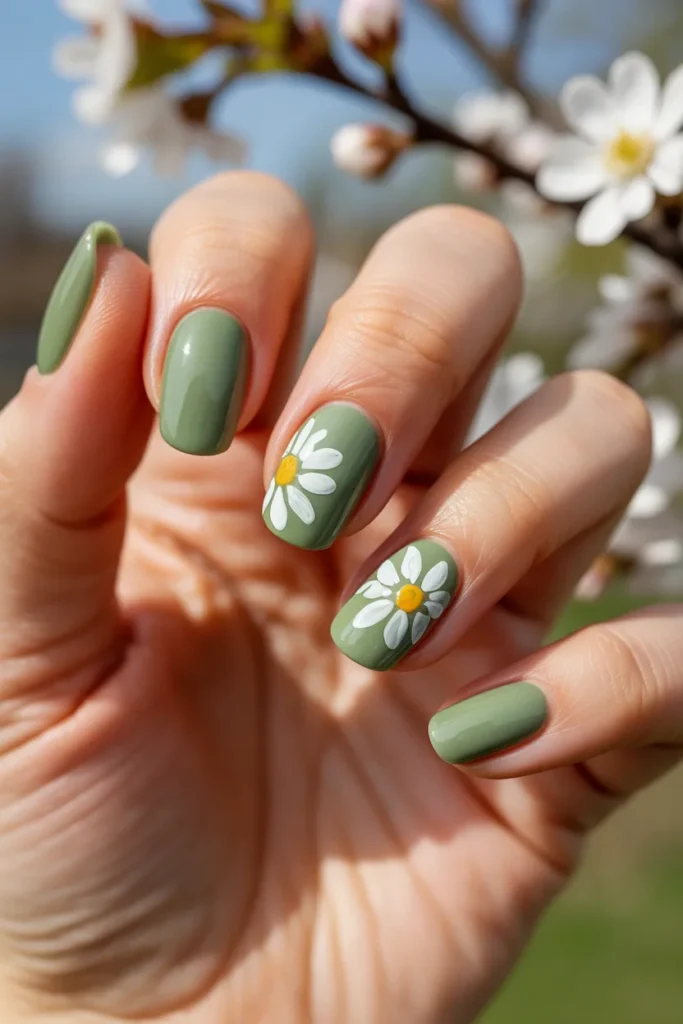 09 Green and White Floral May Nails