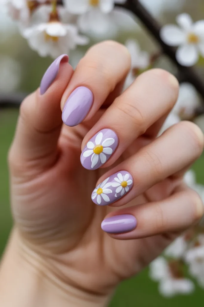 09 Lilac and White Floral Short Nails
