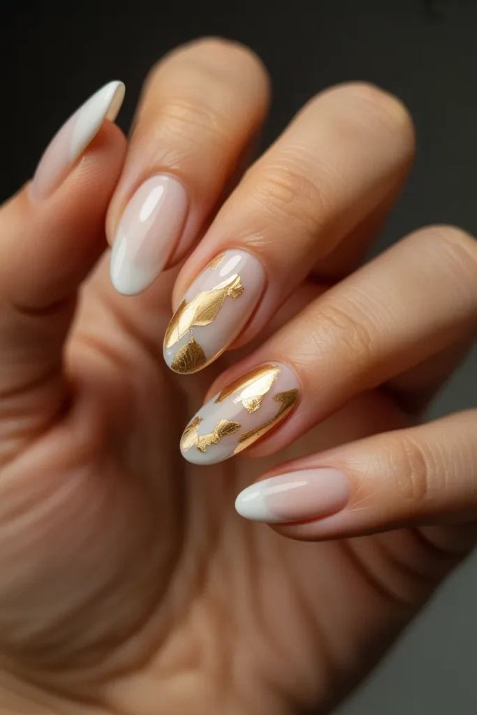 09 Milky White Nails with Gold Foil — Luxury
