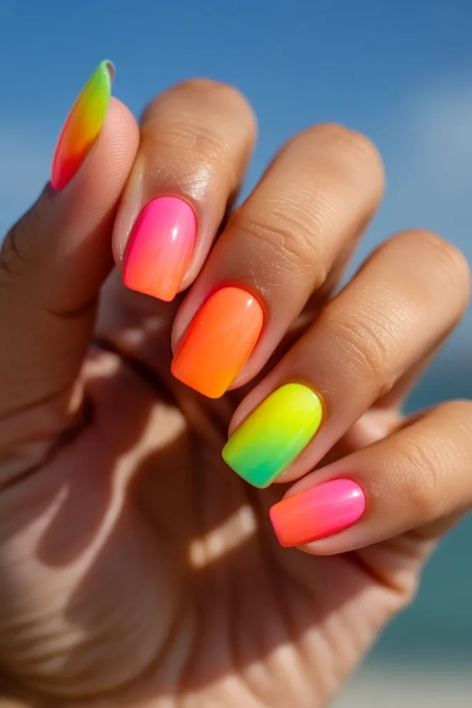 09 Ombre Neon Bright Summer Nails — Tropical Rainbow