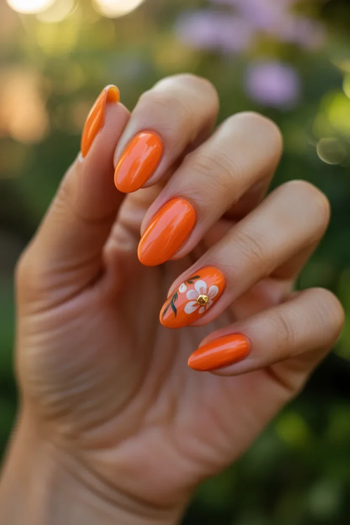 09 Orange Nails with Floral Design · Intermediate