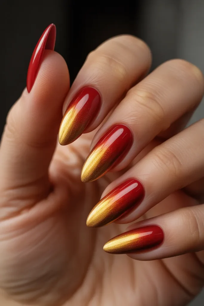 09 Red and Gold Nails Almond — Ombre Design