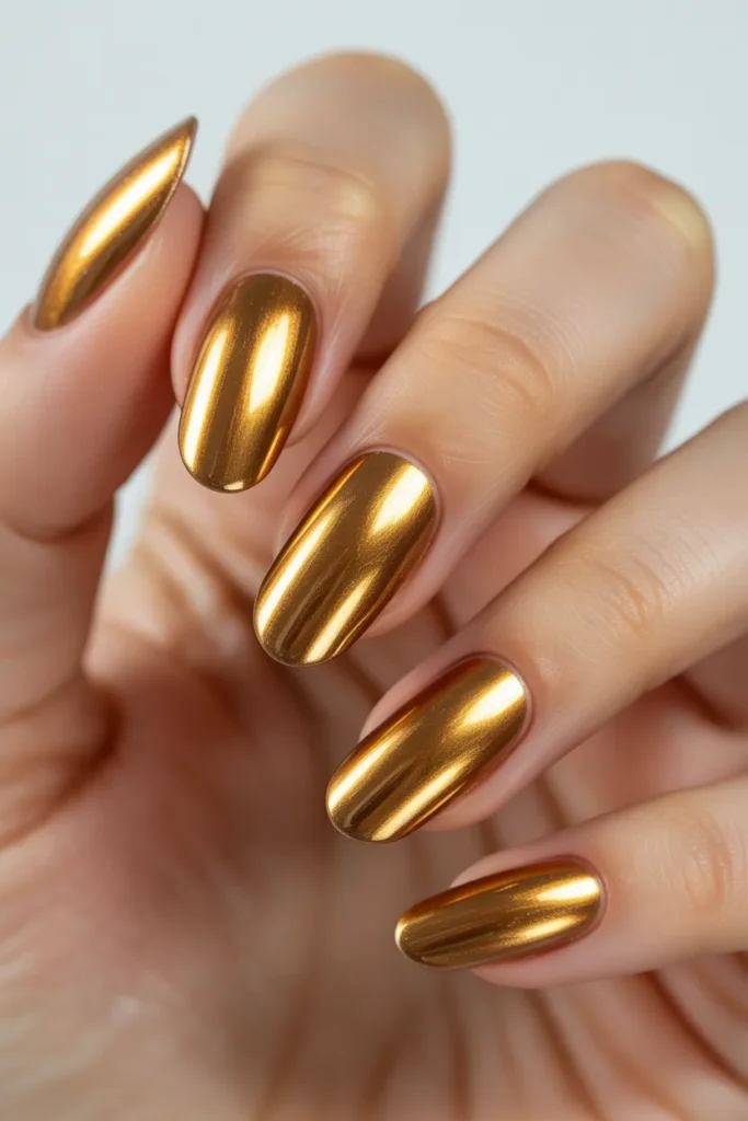 1. Classic Full Coverage Gold Chrome Almond Nails
