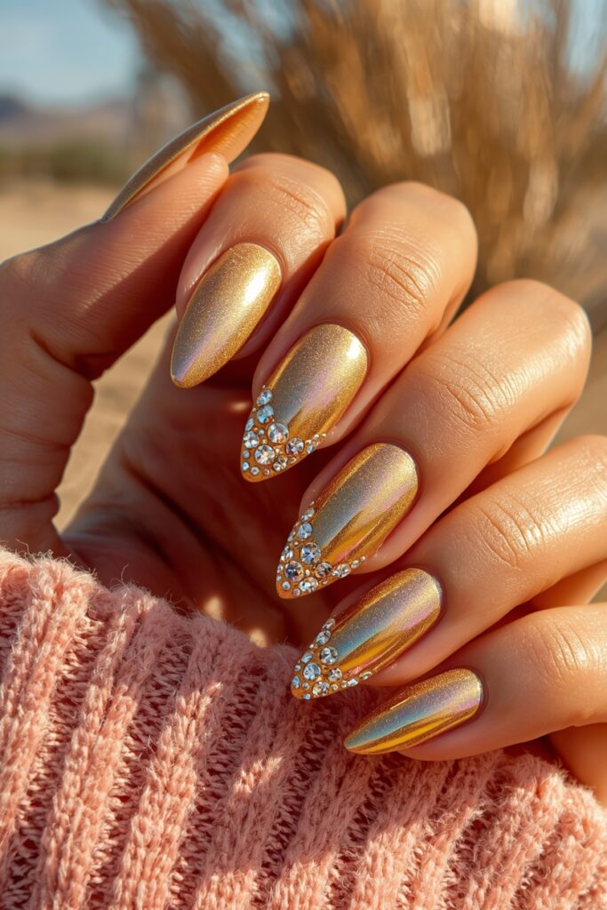 1. Gold Holographic Coachella Nails That Shine Like the Desert Sun