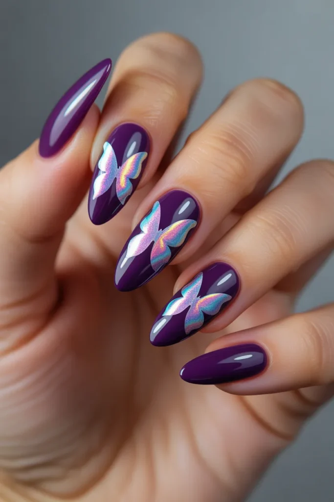 1. Purple Butterfly Nails with Chrome Powder