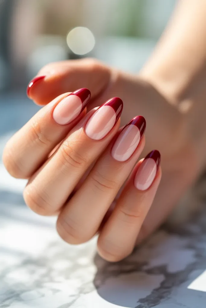 1.Classic Dark Red French Tip Almond Nails
