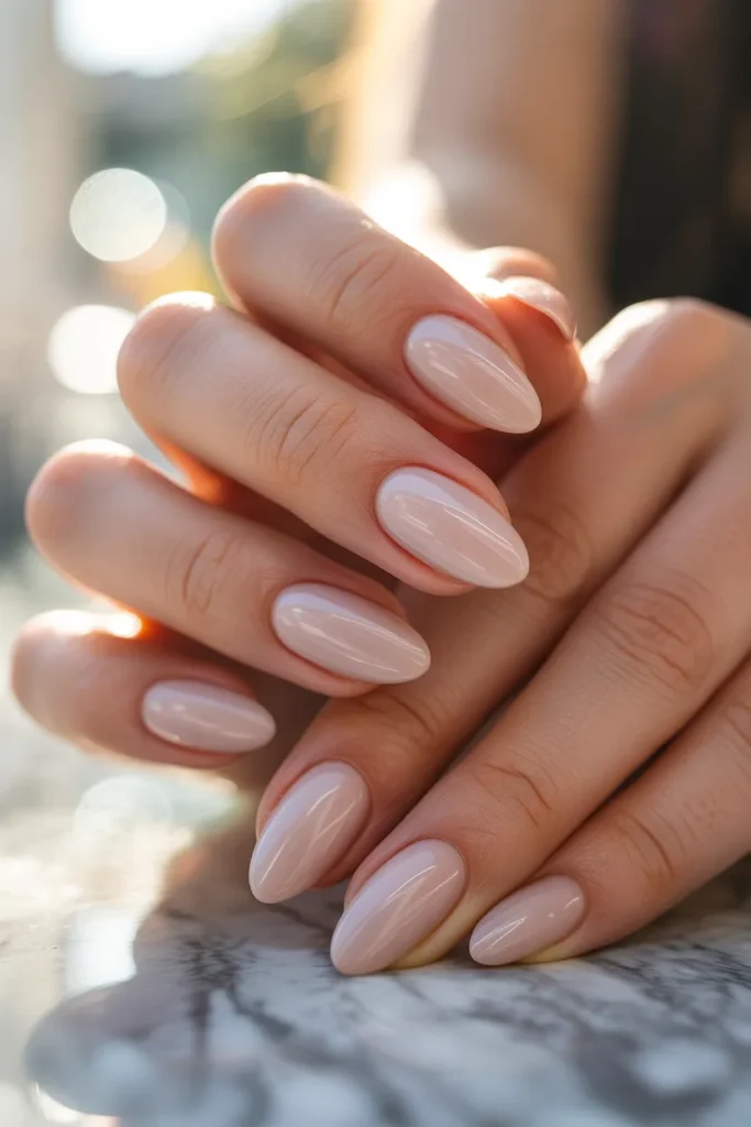 1.Sheer Nude Almond Gel X Nails