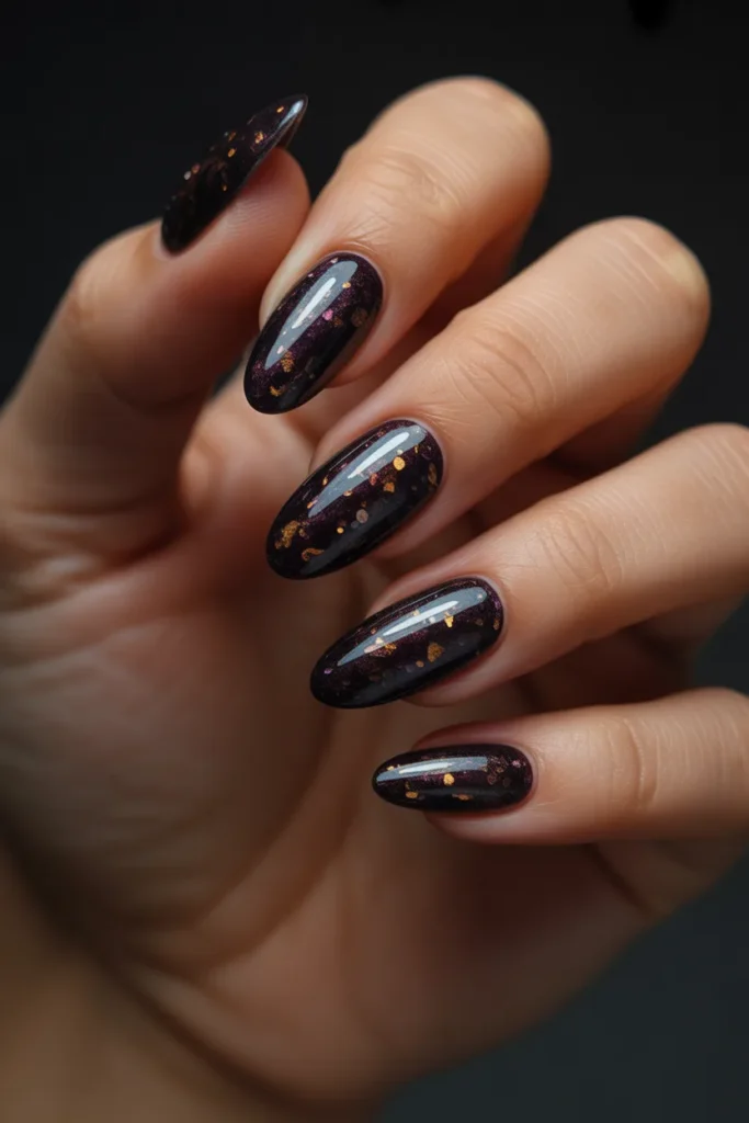 10 Black Glitter Almond Nails