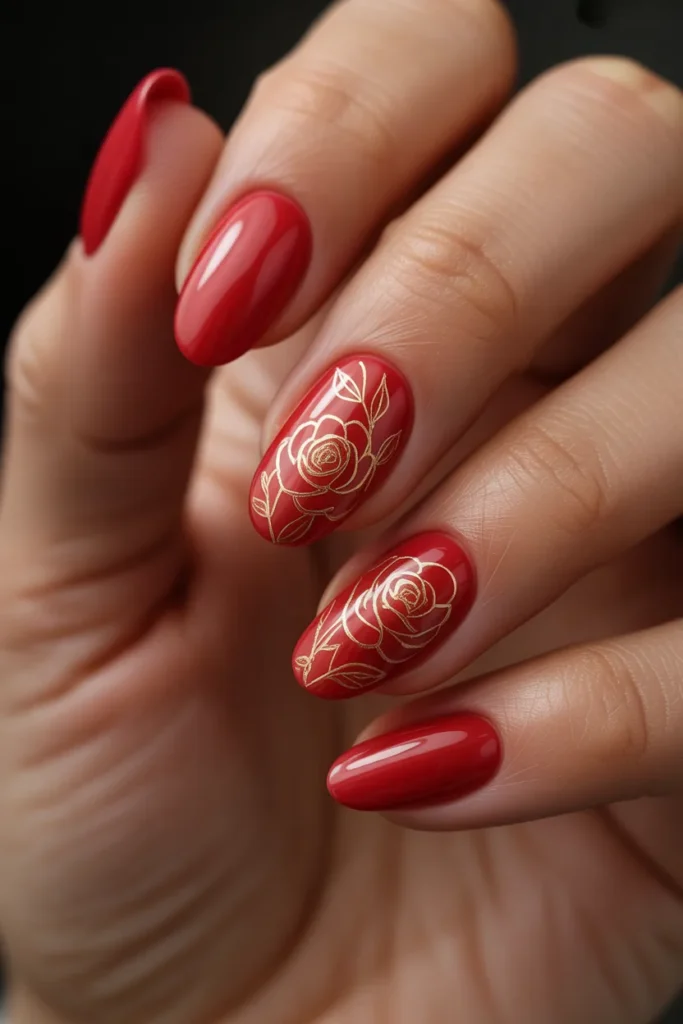 10 Nail Art Red Gold — Fine Line Floral