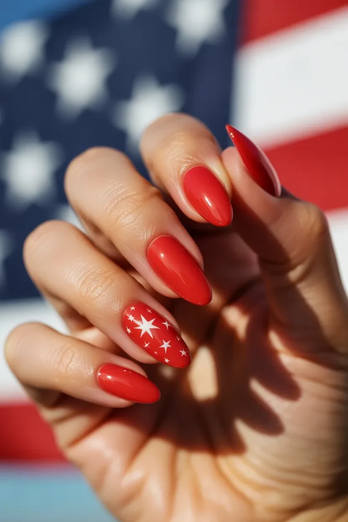 10 Red Nails with White Stars — Almond · Beginner · All Tones