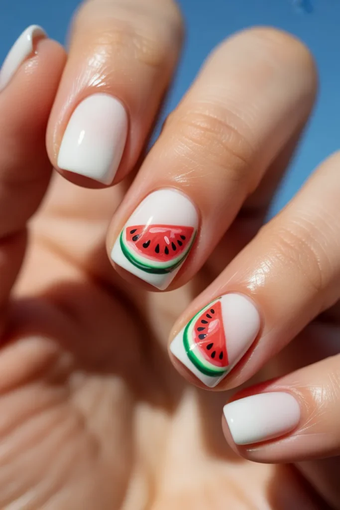 10 Watermelon Nails with White Base — Clean Contrast · Intermediate
