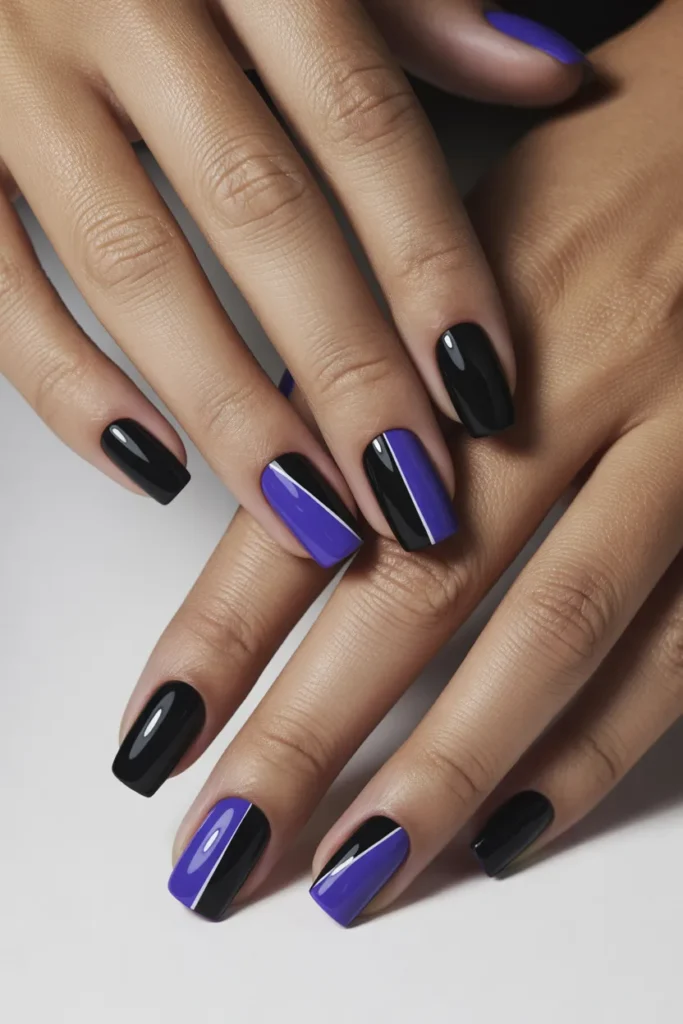 10. Black and Purple Nails Square — Clean Lines Bold Energy