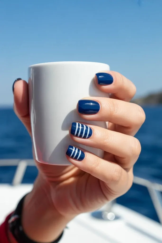 10. Blue and White Nautical Stripe Nails