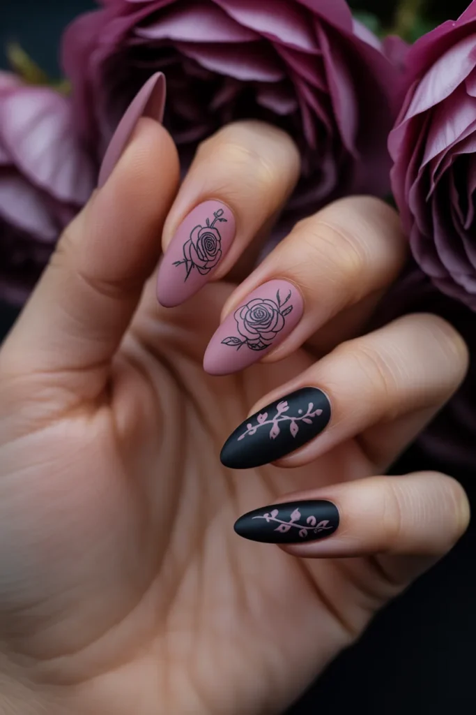 10. Cute Goth Nails — Pink and Black Gothic Floral