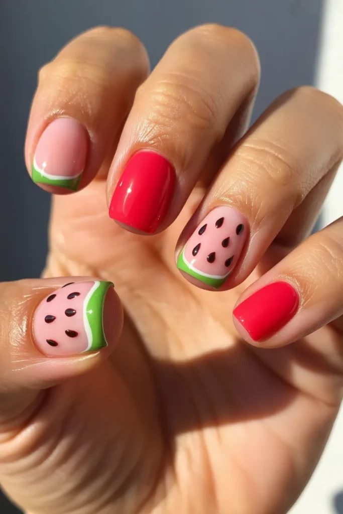 10. Gel Summer Nails — Watermelon Design