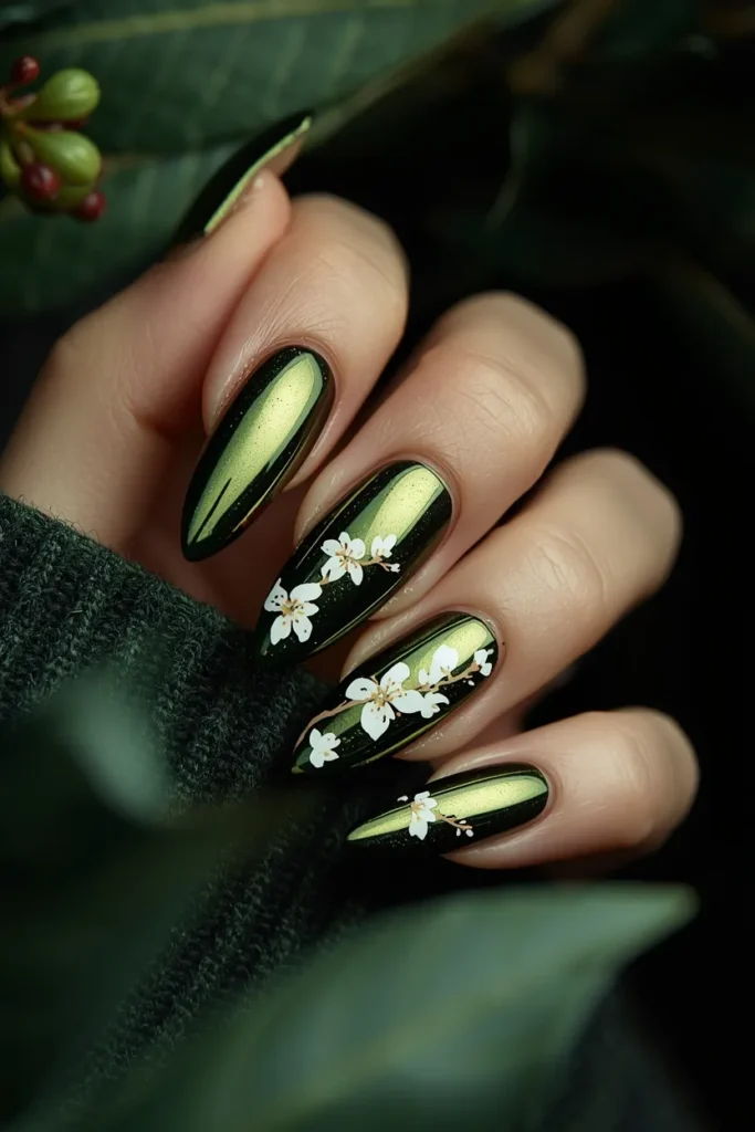 10. Green Chrome Nails With Delicate Floral Accents That Feel Lush and Botanical