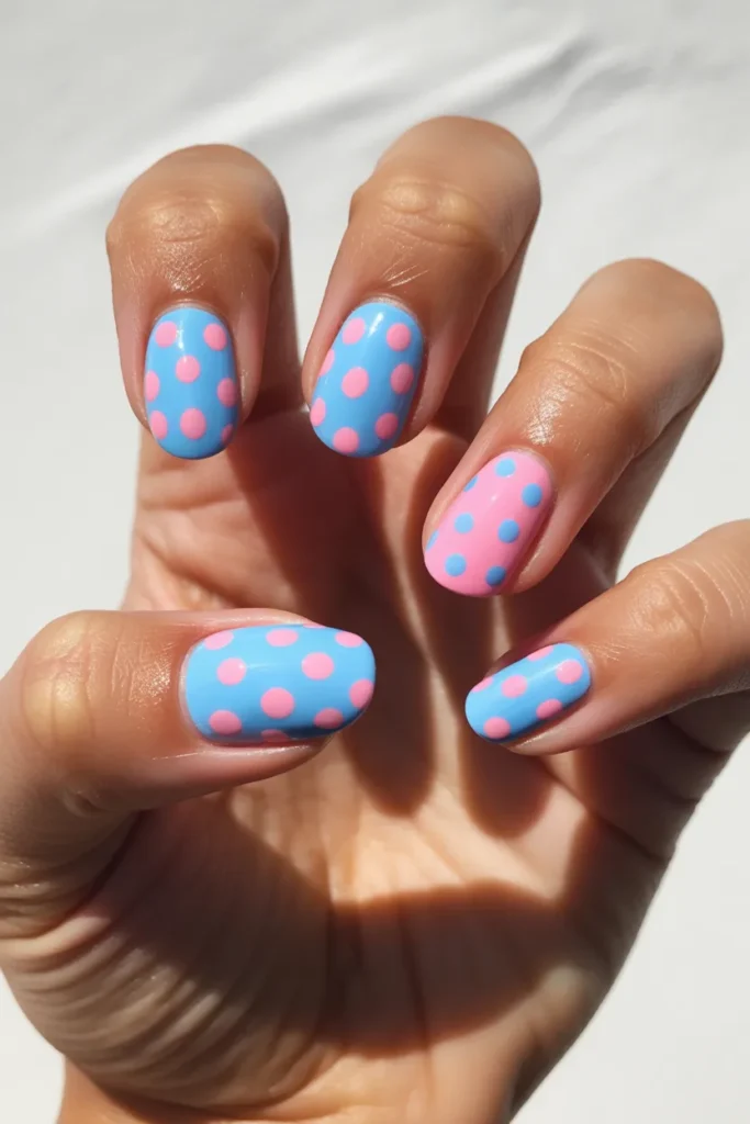 10. Pink and Blue Polka Dot Nails