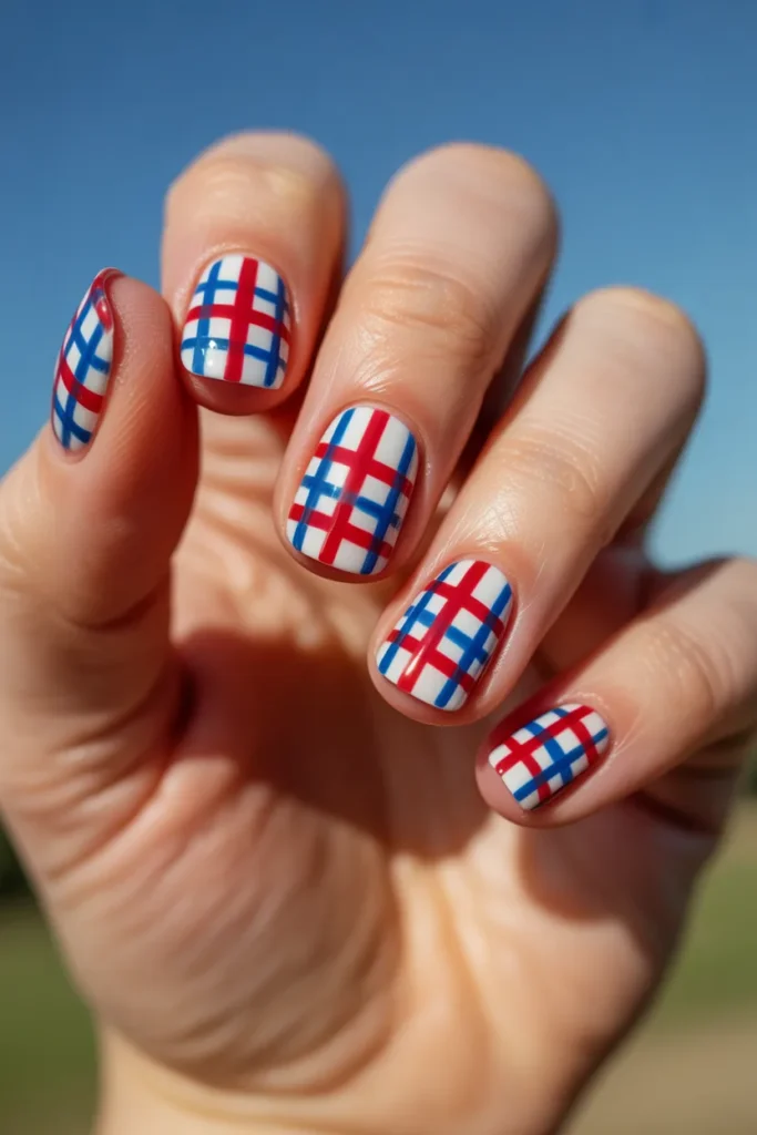 11 Plaid Red White Blue Nails — Western Patriotic · Intermediate