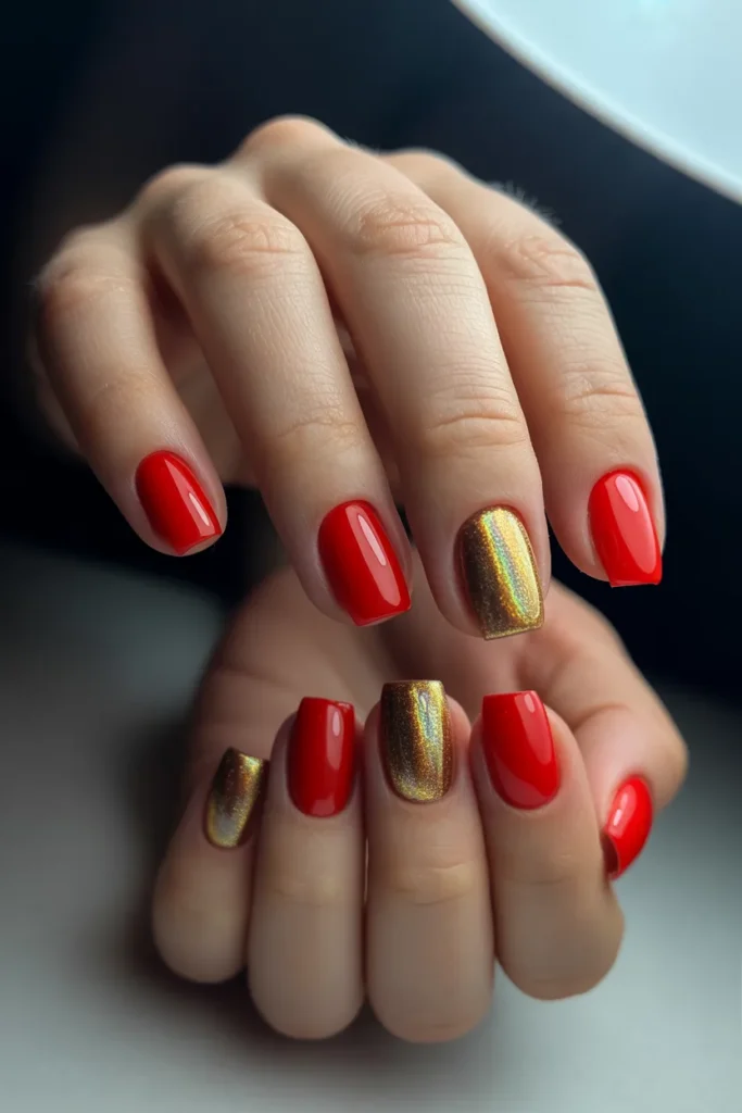 11 Red and Gold Nails Square — Classy Short