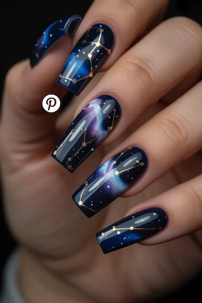 11 — Starry Night Acrylic Nails — Long Coffin