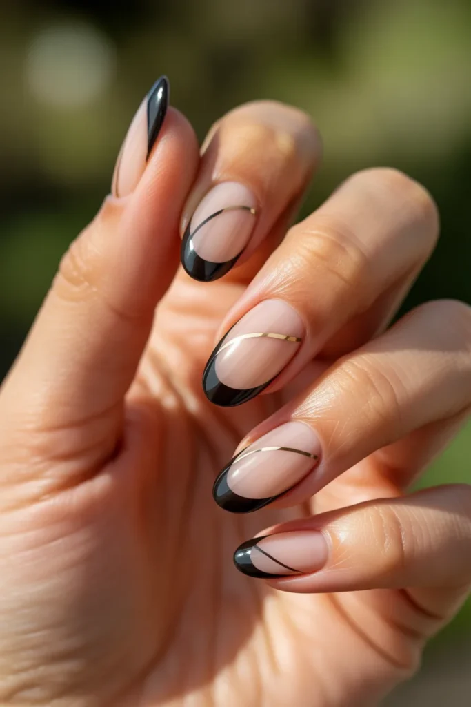 11. Black French Tips with Minimalist Lines