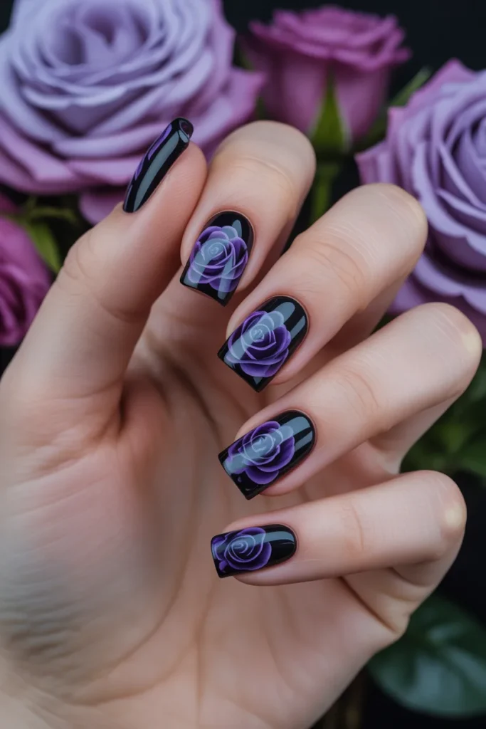 11. Black and Purple Nail Art with Floral Details