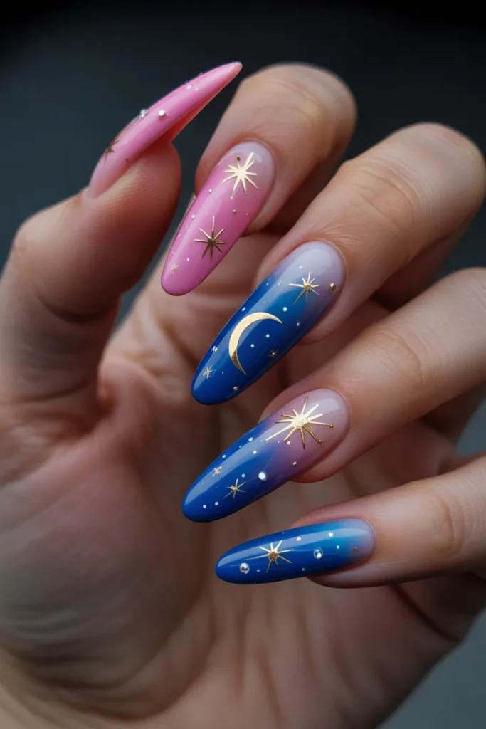 11. Blue and Pink Cosmic Galaxy Nails — Gold Stars Moon