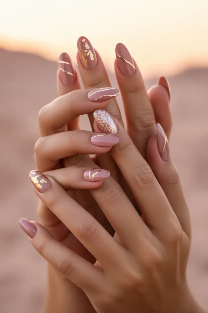 11. Desert Rose Coachella Nails in Dusty Pink and Gold — Romantic Festival Beauty